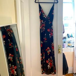 Full length, floral, double V dress with side slit